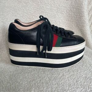 Gucci Womens Leather Peggy‎ Signature Stripe Platform Sneakers Black Size 34 4
